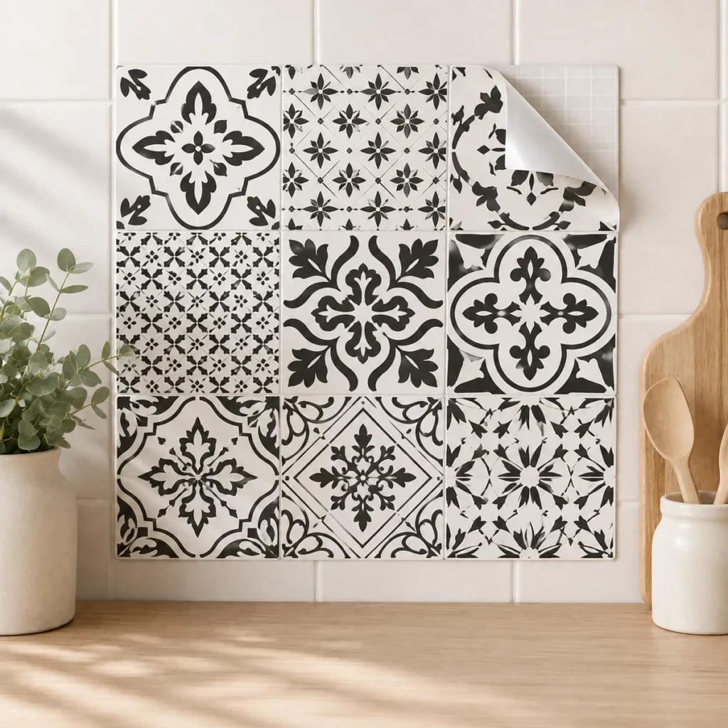 Beispielhafte Darstellung schwarz-weißer Fliesenaufkleber im Patchwork-Stil